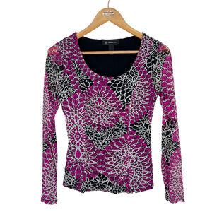 Vtg Y2K INC Top M Geometric Mesh Artsy Sheer Sleeve Retro Statement Print Ruched